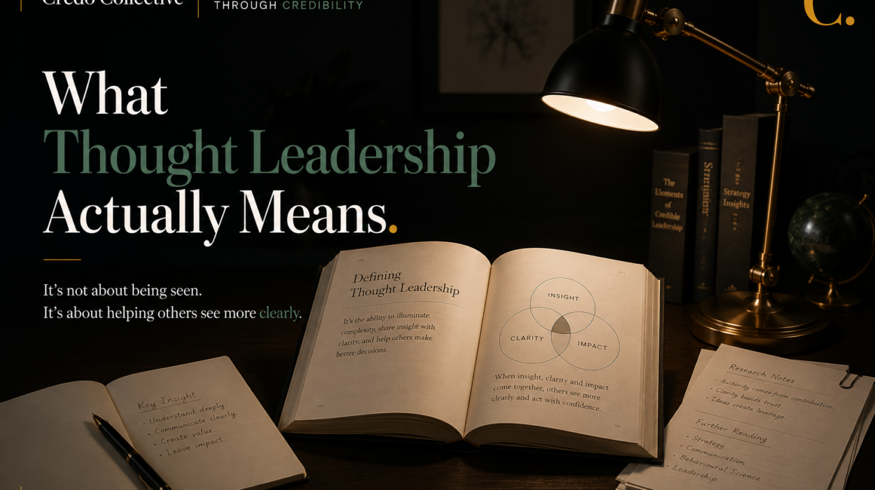 A desk with an open book, research papers, and a warm desk lamp, symbolising thoughtful research, original thinking, and the foundations of meaningful thought leadership.
