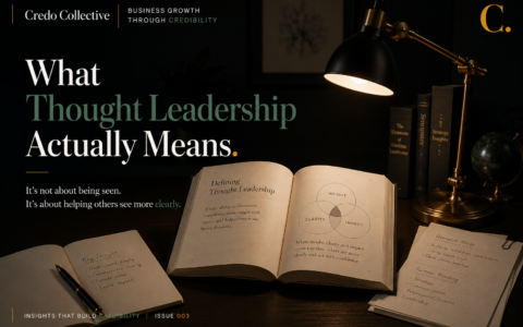 A desk with an open book, research papers, and a warm desk lamp, symbolising thoughtful research, original thinking, and the foundations of meaningful thought leadership.