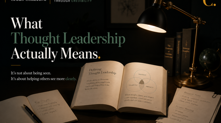 A desk with an open book, research papers, and a warm desk lamp, symbolising thoughtful research, original thinking, and the foundations of meaningful thought leadership.